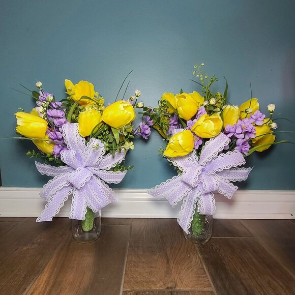 Yellow Tulips & Lavender Blossom Bush Accents, Spring Cemetery Vase Floral Arran - Picture 1 of 3